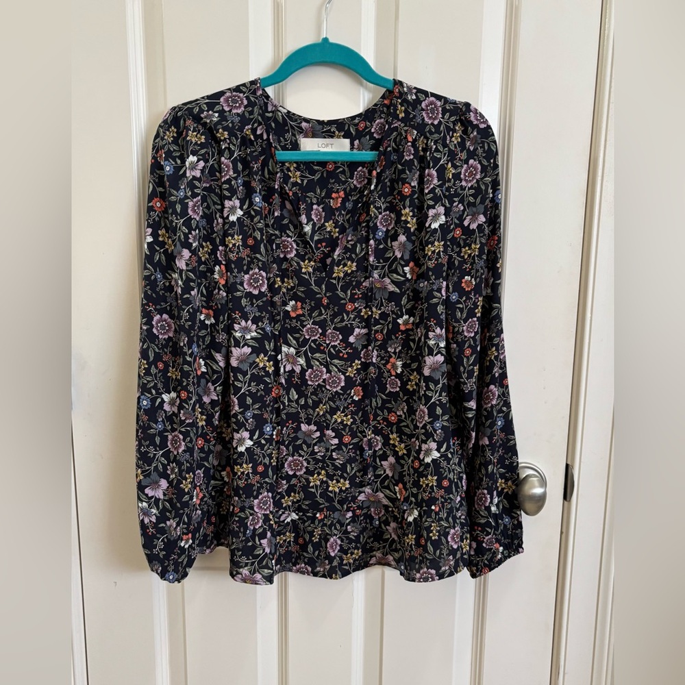 LOFT Peplum Black Ruffled Blouse with Long Sleeves
